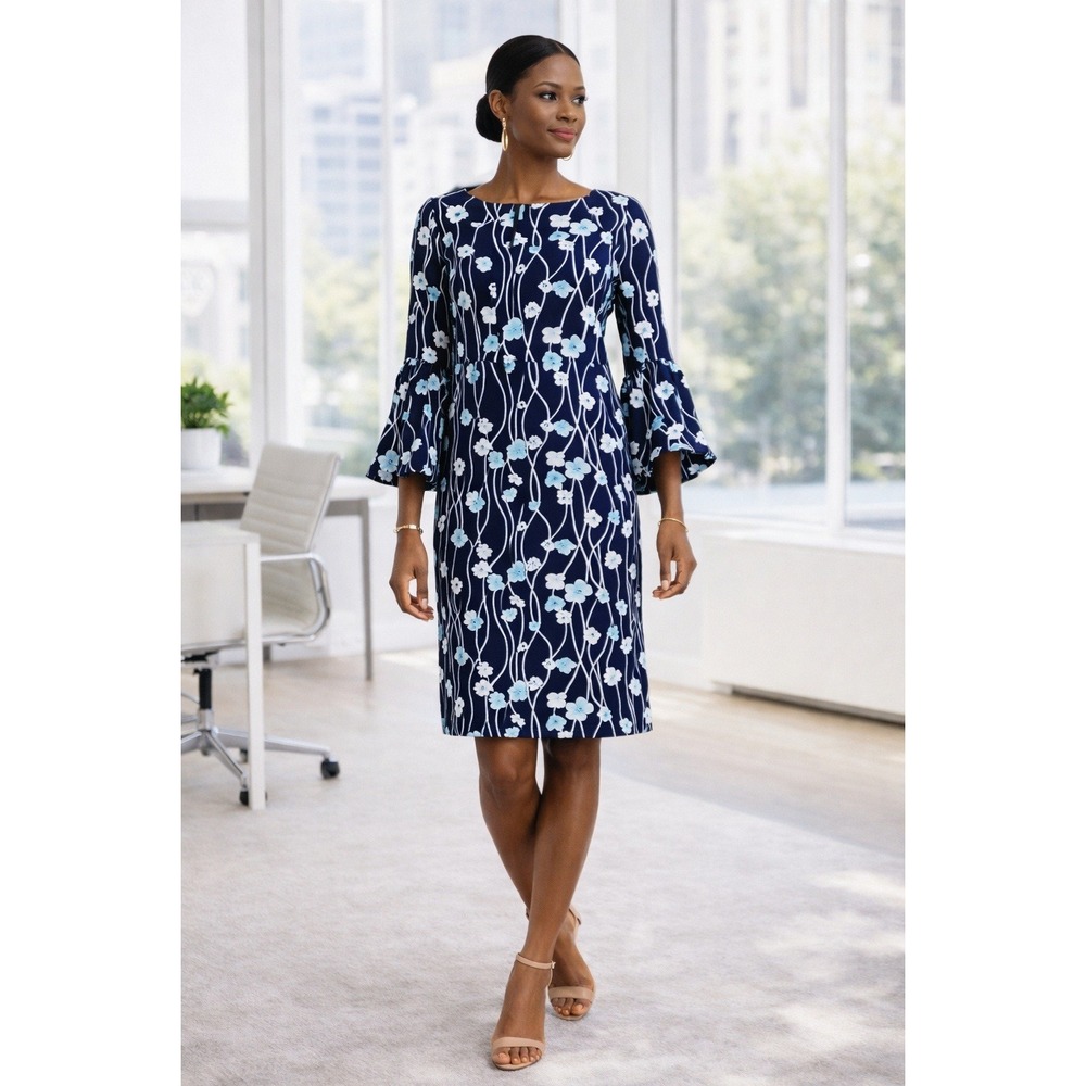 Talbots Floral Blossom Shift Dress‎ Bell Sleeve Navy Blue Size 6 Teacher